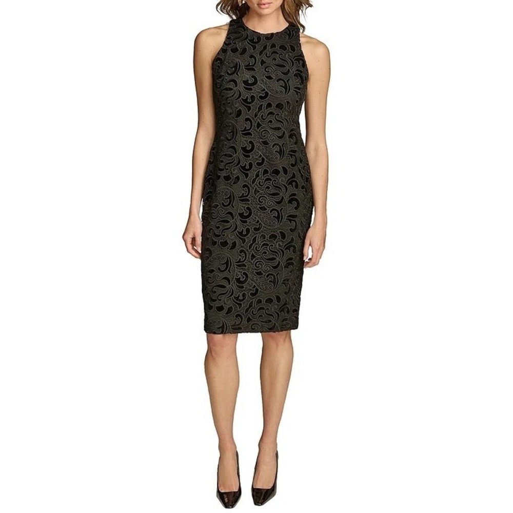 Donna Karan New York 8 Black Velvet Paisley Burnout Lace Sheath Dress NWT $199